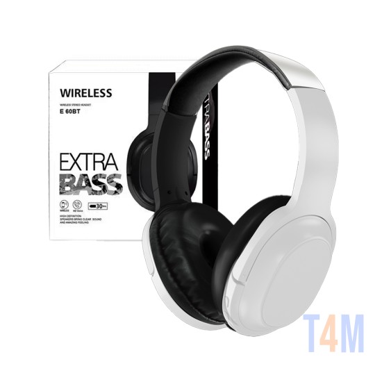 Wireless Hifi Stereo Headset E 60BT with Mic and Volume Control White